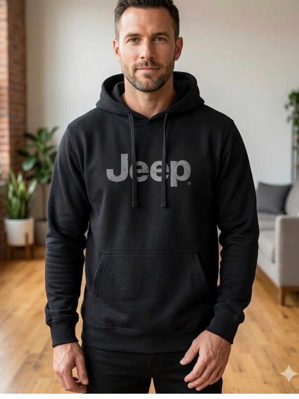 Port and Company Black Hoodie with Gray Jeep Logo. 1069